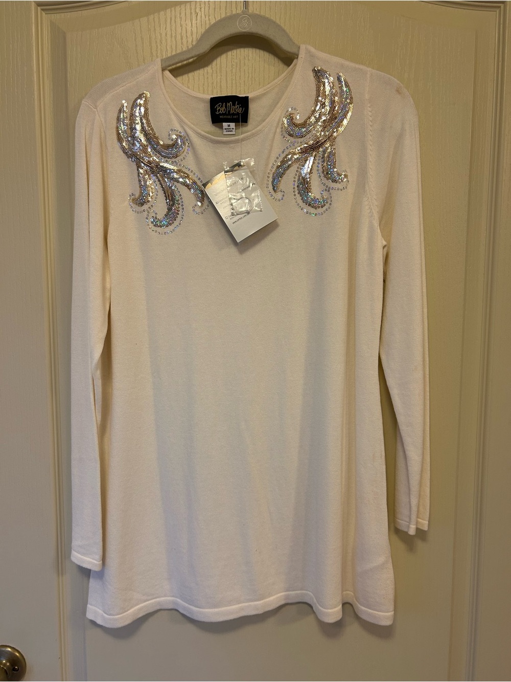 Bob Mackie Cream Long Sleeve Top with Iridescent Sequin Swirls